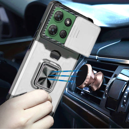 For Motorola Moto G 5G /Moto G 2025 Wallet Case with Ring Stand & Slide Camera Cover Back Credit Card Slot Holder, Military Grade Case Cover Silver