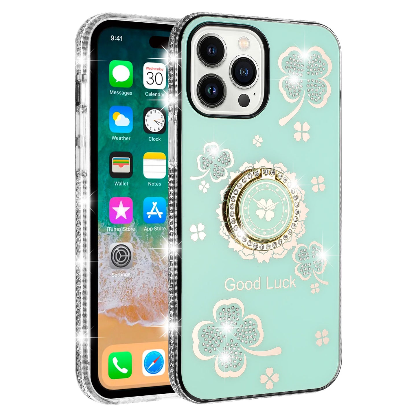 For iPhone 15 Plus (6.7") Diamonds Bling All Around Edges Sparkly Glitter Hybrid with Ring Stand Holder Fashion Good Luck Case Cover Cosmic Orange