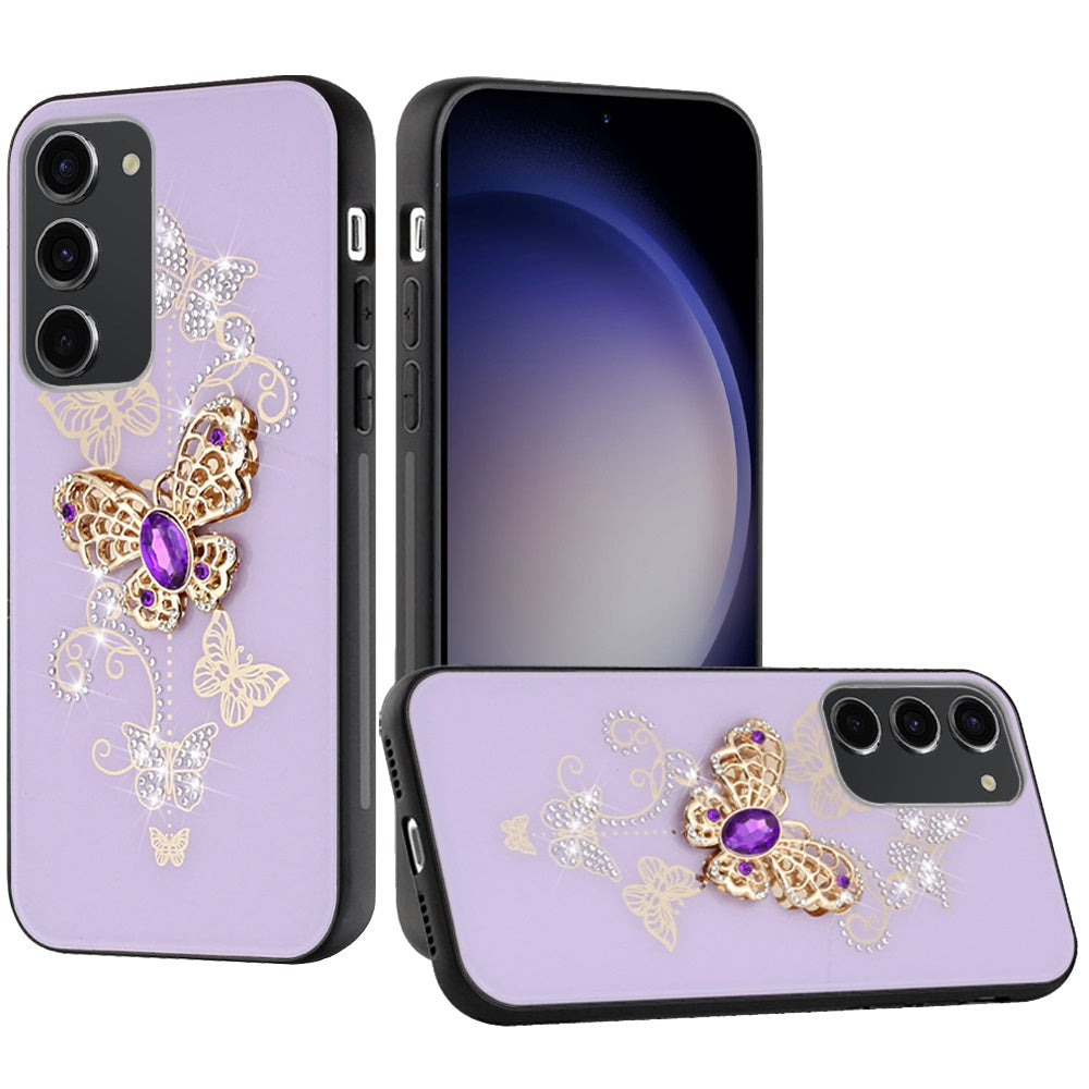 For Samsung Galaxy A36 Diamonds 3D Butterfly Bling Sparkly Glitter Ornaments Engraving Hybrid Metal Fashion Case Cover Purple Garden Butterflies
