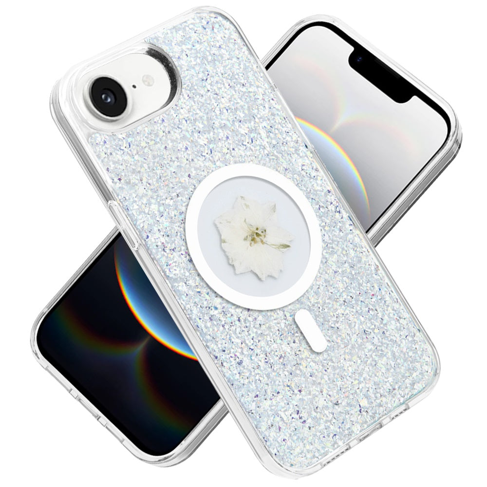 For Apple iPhone 17E /16E MagSafe Compatible Glitter Flower Epoxy Hybrid Slim TPU Case, Magnetic Circle Design, Sparkly Bling Protective Case Cover