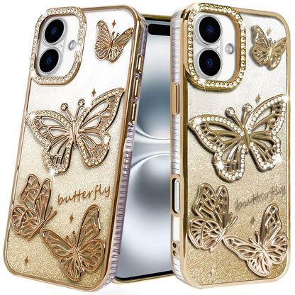 Phone Case for Apple iPhone 16 Plus Butterfly Freedom Shimmer Glitter Thick TPU Shockproof Anti Slip Durable Protective Design Cover Gold