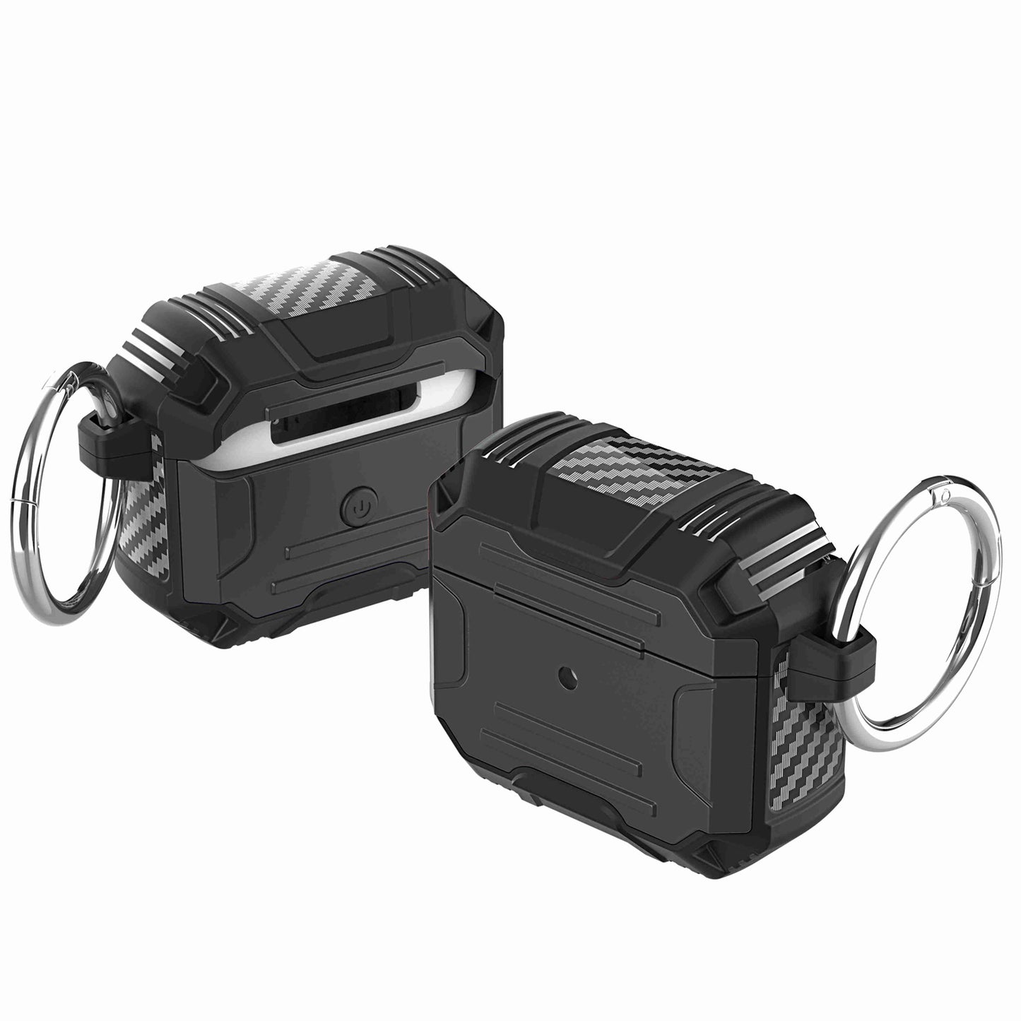 For Apple Airpods 4 Rugged ShockProof Hybrid With Metal Hook Carabiner Heavy Duty Armor Carbon Fiber PC Case Cover