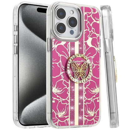 For iPhone 15 Pro Max (6.7") Diamonds 3D Butterfly Floral Design Bling Sparkly Glitter Hybrid Metal Fashion with Ring Stand Case Cover
