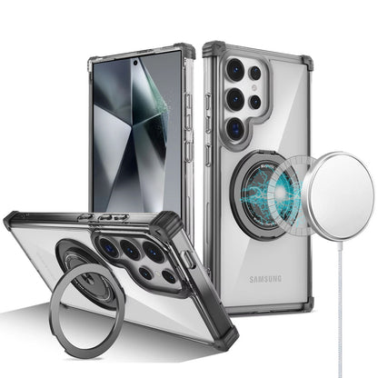 For Samsung Galaxy S24 Ultra Magnetic [Compatible with Magsafe] with 360° Rotatable Ring Holder Invisible Stand Transparent Case Cover