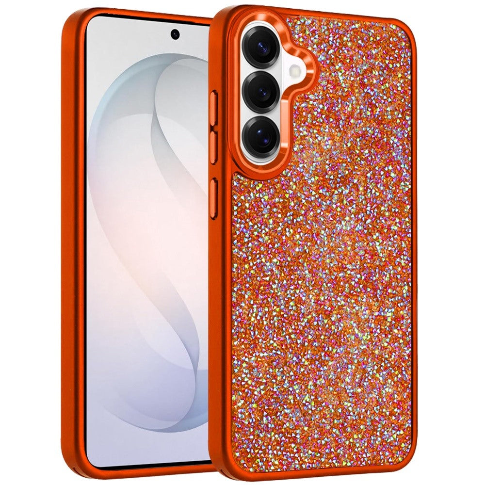 Phone Case for Samsung Galaxy S26 Crystal Glass Bling Diamond Metallic Edge Shockproof Durable Protective Clear Hybrid Stylish Premium Design Cover Cosmic Orange