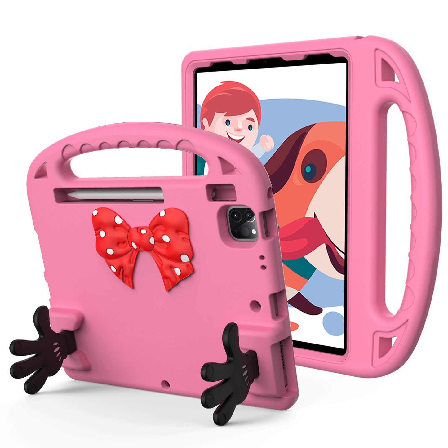 For Hybrid Shockproof Tablet with Bow Hands Kickstand Antislip Rubber TPU Kid-Friendly Drop Protection Pink Tablet Case Cover
