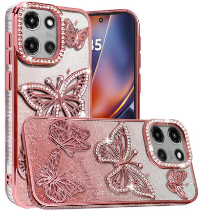 For Motorola Moto G Power 5G (2025) Luxury Butterfly Sparkle Glitter Diamond Crystal Rhinestone Shimmer Bling Plating Thick TPU Hard PC Case Cover