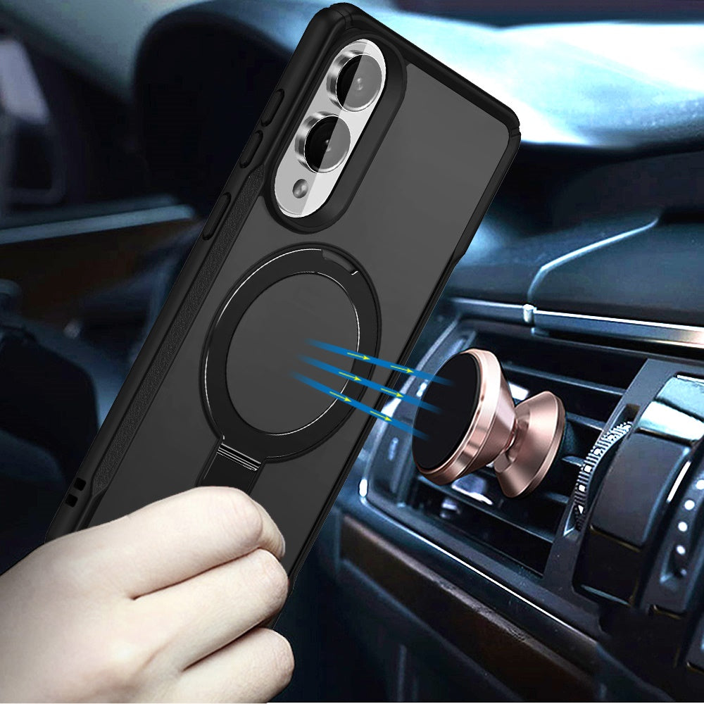 For Samsung Galaxy S25 Edge Matte Finish Magnetic Ring Hybrid Protective Invisible Kickstand Magsafe Compatible Case Cover Black