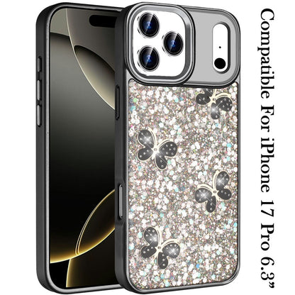 For Apple iPhone 17 Pro (6.3") Cute Butterfly Crystal Diamond Glitter Case Sparkle Bling Frame Metallic Edges, Shimmer TPU Hybrid Case Cover