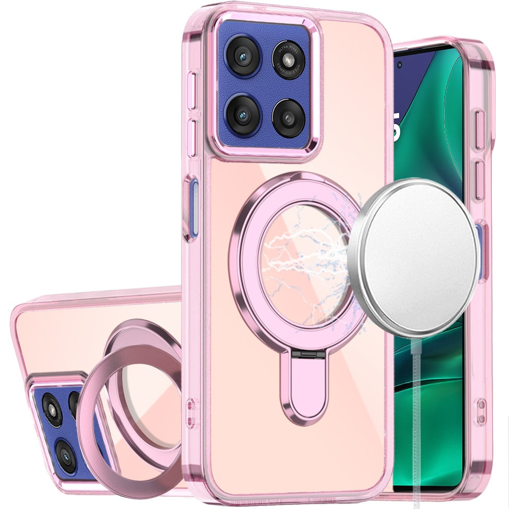 For Motorola Moto G Stylus 5G 2026 /2025 Chrome Hybrid with Rotating Magnetic Circle Ring Stand, Slim Shockproof Hybrid Case Cover Light Pink