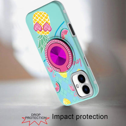 For Apple iPhone 16 Plus Pattern Design Hybrid with Invisible Ring Stand & Magnetic Back, Shockproof Protective Grip Case Cover Pineapple Love Vibe