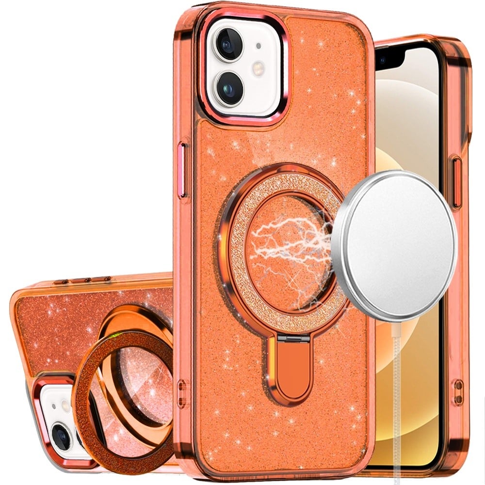 For iPhone 12 / iPhone 12 Pro (6.1") Transparent Glitter Bling Case with Rotating Magnetic Ring Stand, Shockproof Hybrid Case Cover Cosmic Orange