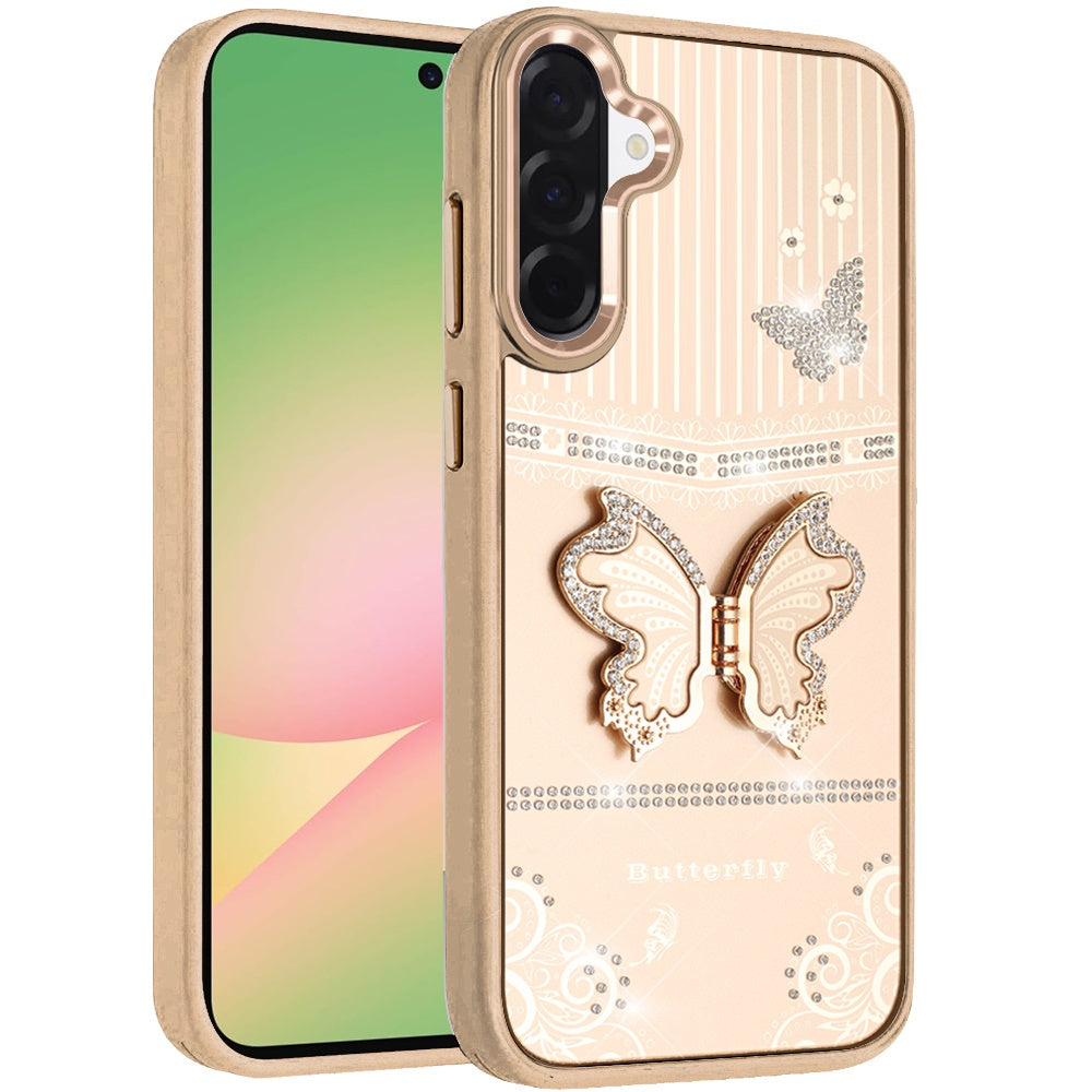 For Samsung Galaxy A57 Glitter 3D Butterfly Design Bling Metallic Edge Hybrid Stand Drop Protection TPU Shockproof Case Cover