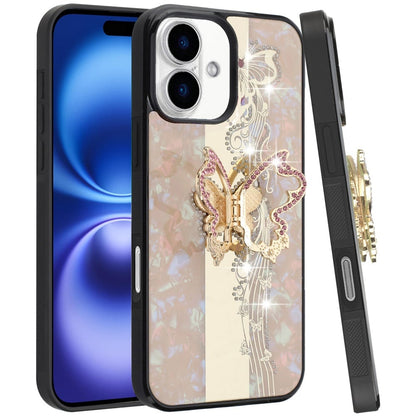 For Apple iPhone 17 (6.3") Diamonds 3D Fashion Bling Sparkly Glitter Ornaments Engraving Hybrid with Ring Stand Case Cover