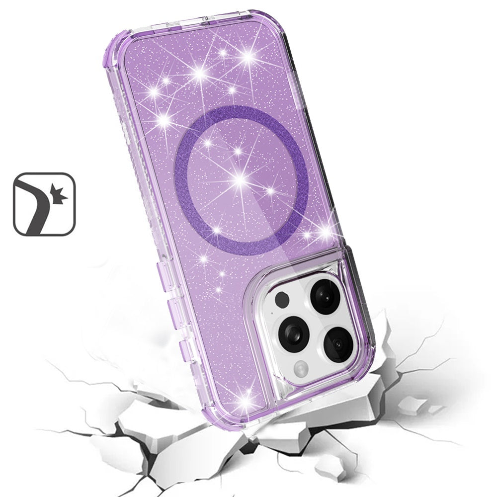 For Apple iPhone 17E /16E Magnetic Circle Compatible with Magsafe, Bling Glitter Sparkle 3-in-1 Hybrid Shockproof TPU Bumper Case Cover Purple