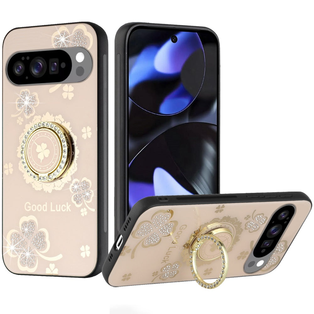 For Google Pixel 9, 9 Pro Diamonds 3D Butterfly Bling Sparkly Glitter Ornaments Engraving Hybrid with Stand Fashion Case Cover Good Luck Floral Gold