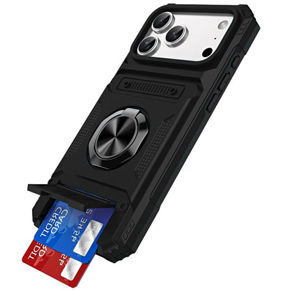 Phone Case for Apple iPhone 17 Pro Max (6.9") Multi Functional Card Slot Shockproof Metal Ring Hybrid Wallet Rugged Protective Grip Heavy Duty Durable Cover