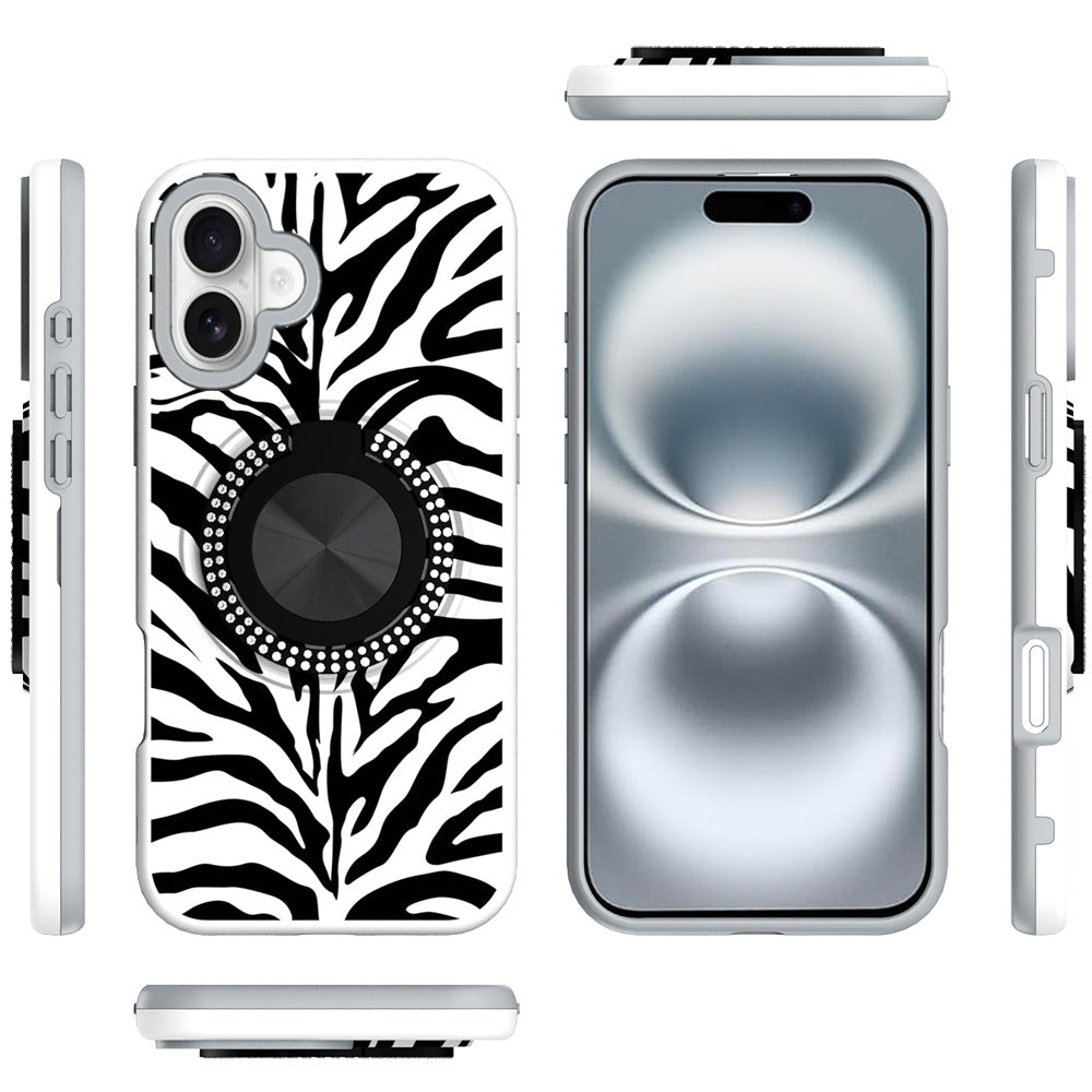 For Apple iPhone 16 (6.1") Pattern Design Hybrid with Invisible Ring Stand & Magnetic Back, Shockproof Protective Grip Case Cover
