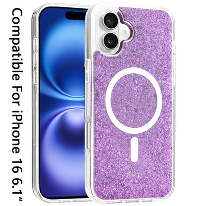 For Apple iPhone 16 (6.1") Magnetic MagSafe Wireless Compatible Epoxy Glitter Shiny Sparkle Bling Hybrid Slim PC + TPU Frame Case Cover
