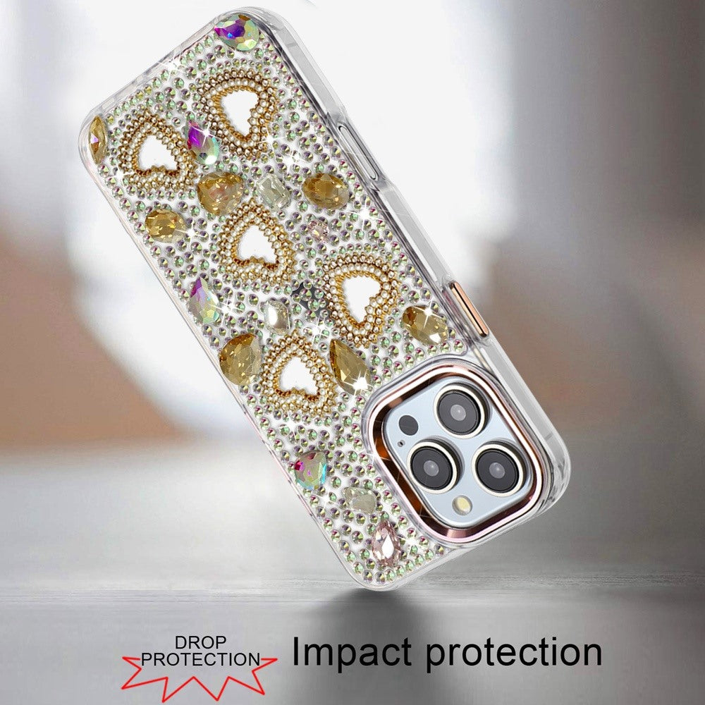 Phone Case for Apple iPhone 16 Pro Max Luxury Crystal Heart Rhinestone Diamond Bling Shockproof Hybrid Glitter Protective Stylish Durable Grip Cover Gold