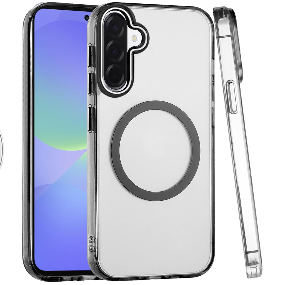 For Samsung Galaxy A37 Transparent Back Hybrid Case - Magnetic Circle, Color Frame, Metal Buttons, MagSafe Compatible Case Cover Black