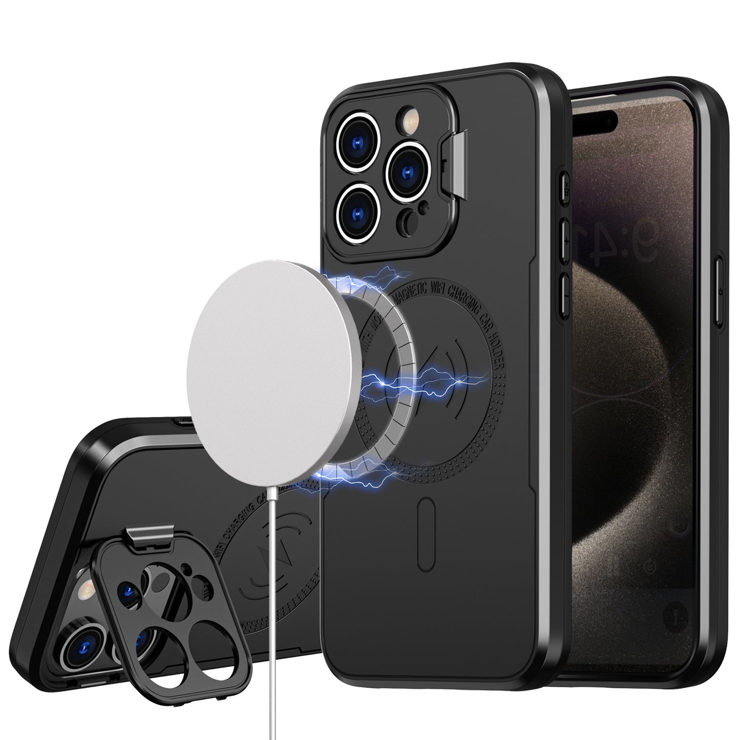 For iPhone XR Foldable Camera Protector Kickstand with MagSafe Compatible, Dual Layer Hybrid Shockproof Case Cover Black