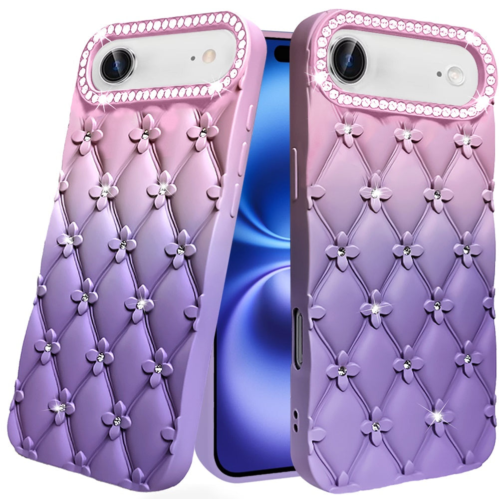 For Apple iPhone 17 Air (6.6") Fashion Flower Design Sparkle Glitter Shimmer Rhinestone Bling Floral Accents, Leather Texture TPU Case Cover