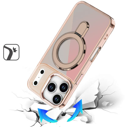 For Apple iPhone 17 Pro Max Chrome Hybrid with Rotating Magnetic Circle Ring Stand, Slim Shockproof Hybrid Case Cover