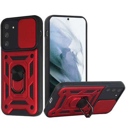 For Samsung Galaxy S21 Hybrid Case with Slide Camera Lens Cover, Ring Kickstand, Heavy-Duty Dual Layer TPU, Fit Magnet Car Mount Case Cover Red