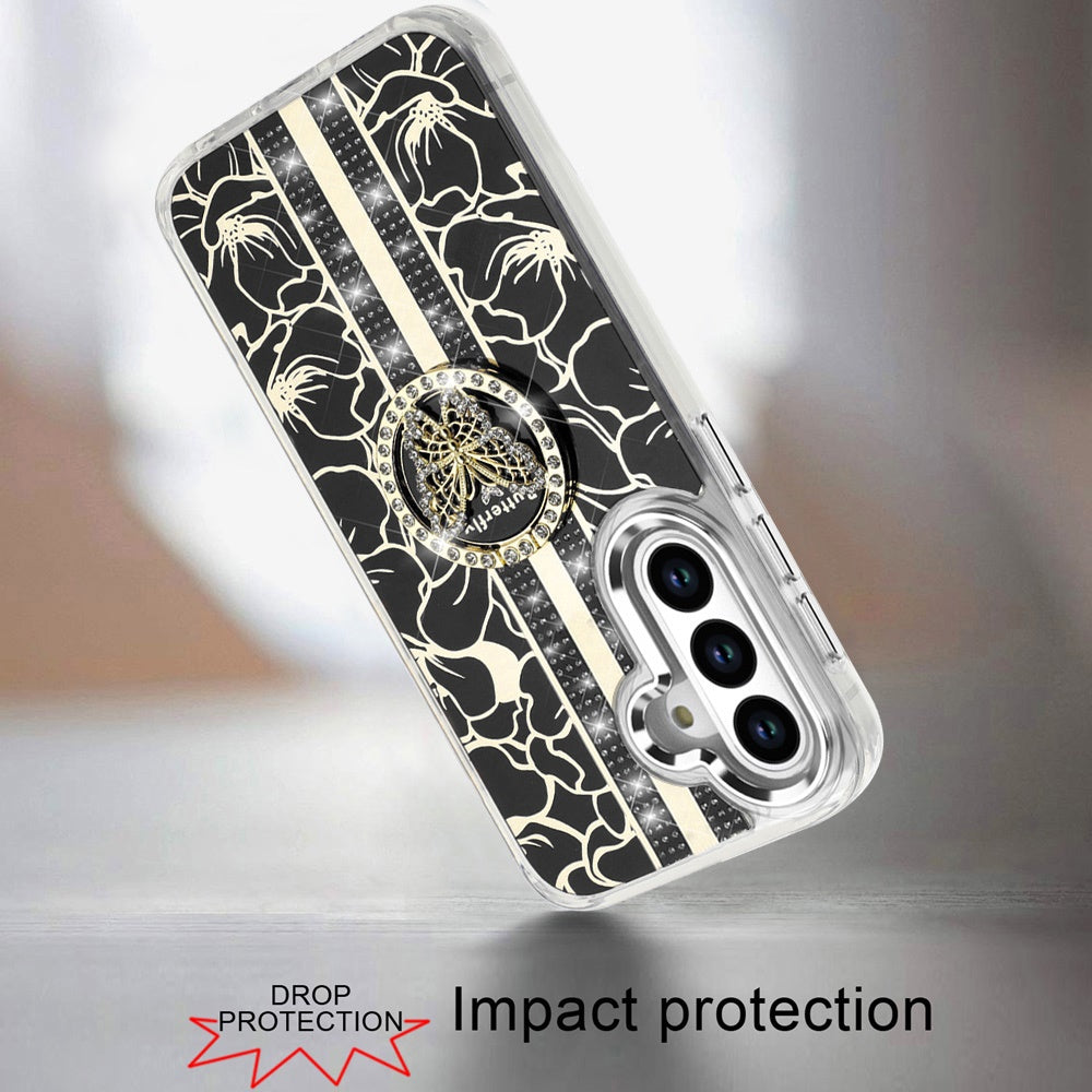 For Samsung Galaxy A36 Diamonds 3D Butterfly Floral Design Bling Sparkly Glitter Hybrid Metal Fashion with Ring Stand Case Cover