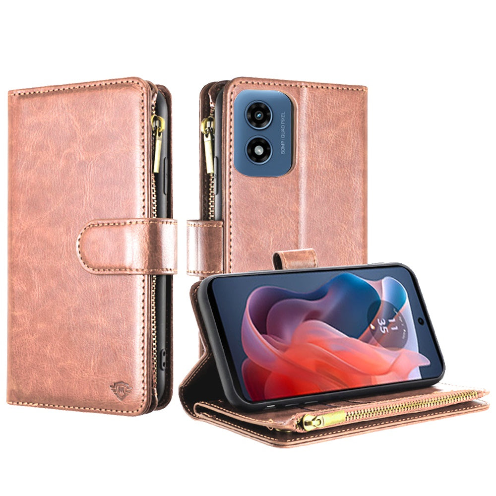 For Apple iPhone 16 (6.1") Premium Leather Zipper Wallet with Credit Card Slots Money Pocket Luxury Clutch Pouch Stand & Strap Case Cover Rose Gold