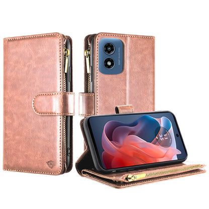 For Apple iPhone 16 (6.1") Premium Leather Zipper Wallet with Credit Card Slots Money Pocket Luxury Clutch Pouch Stand & Strap Case Cover Rose Gold