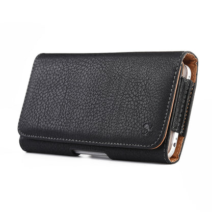 For Apple iPhone 16 (6.1") Universal Leather Case Belt Clip Holster with Clip and Loops Cell Phone Magnetic Carrying Pouch Horizontal (M) [Black]