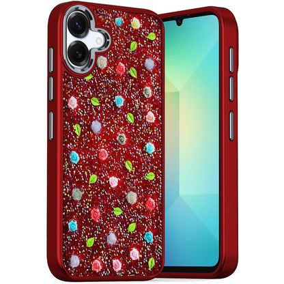 For Apple iPhone 16 Pro (6.3") Floral Design Embedded Glass Diamond Fancy Fashion Glitter Bling Sparkly Hybrid Rugged TPU Bumper Case Cover