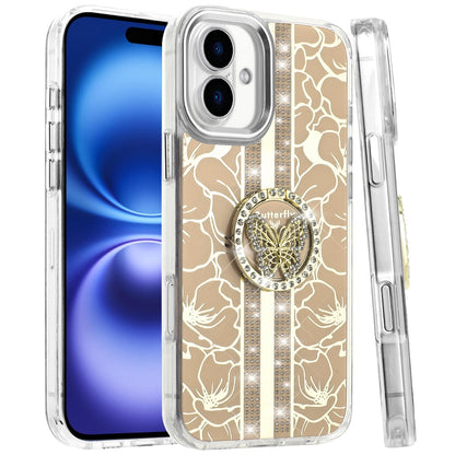 For Apple iPhone 17 (6.3") Diamonds 3D Butterfly Floral Design Bling Sparkly Glitter Hybrid Metal Fashion with Ring Stand Case Cover