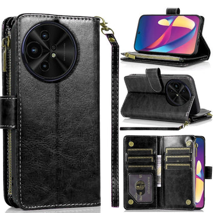 For Samsung Galaxy A16 5G PU Leather Zipper Wallet Case 9 Credit Card Slots Cash Money Pocket Clutch Pouch with Stand & Strap Case Cover Black