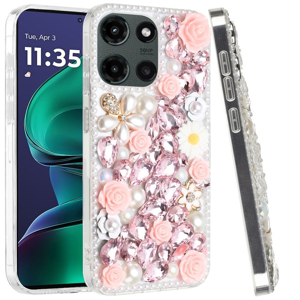 For Motorola Moto G Stylus 5G 2025 Fashion Rose Flower Floral Bling Crystal 3D Full Diamonds Pearl Sparkle Rhinestone Glitter Hybrid Case Cover