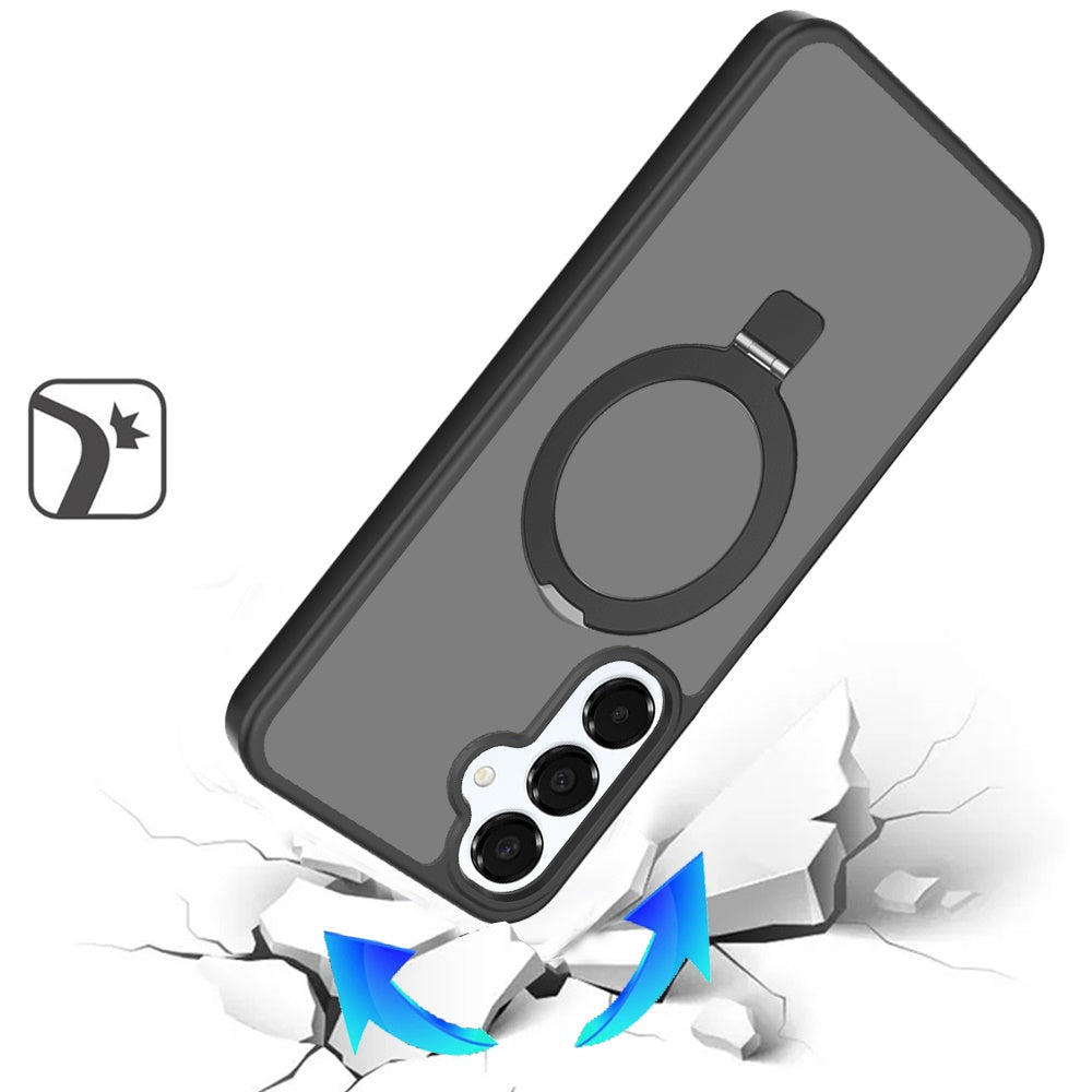 For Samsung Galaxy A16 5G Magnetic Circle Back with Ring Stand Full Rotation Matte Hybrid Shockproof Case Cover Black