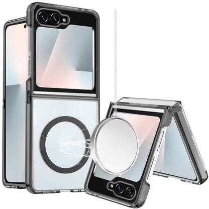 For Samsung Galaxy Z Flip 7 FE / Z Flip 6 Transparent Back Hybrid Case - Magnetic Circle, Color Frame, Metal Buttons, MagSafe Compatible Case Cover