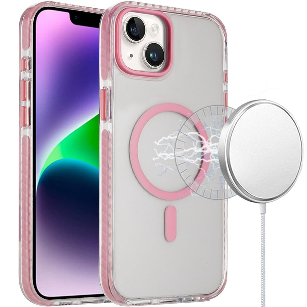 For Apple iPhone 17 Pro Max Transparent Hybrid with Color-Matched Magnetic Circle, Rubber TPU Frame Hard PC Shockproof Case Cover Pink