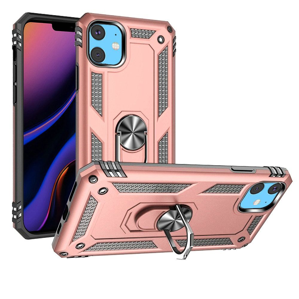 For Apple iPhone 11 Hybrid Shockproof Durable 360 Degree Rotatable Ring Stand Holder Kickstand Fit Magnetic Car Mount Case Cover Rose Gold