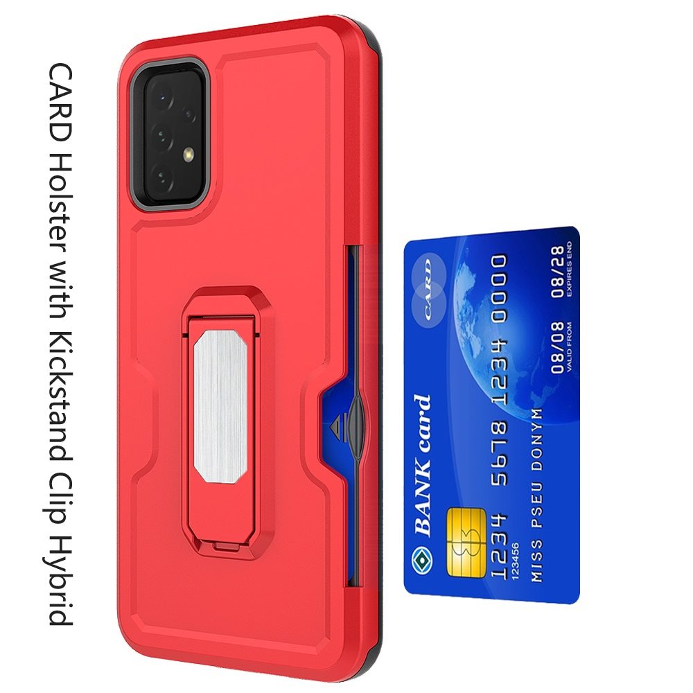 For Samsung Galaxy A16 5G Full-Body Hybrid Heavy Duty Armor Case with Belt Clip Holster, Credit Card Holder & Kickstand Case Cover Red