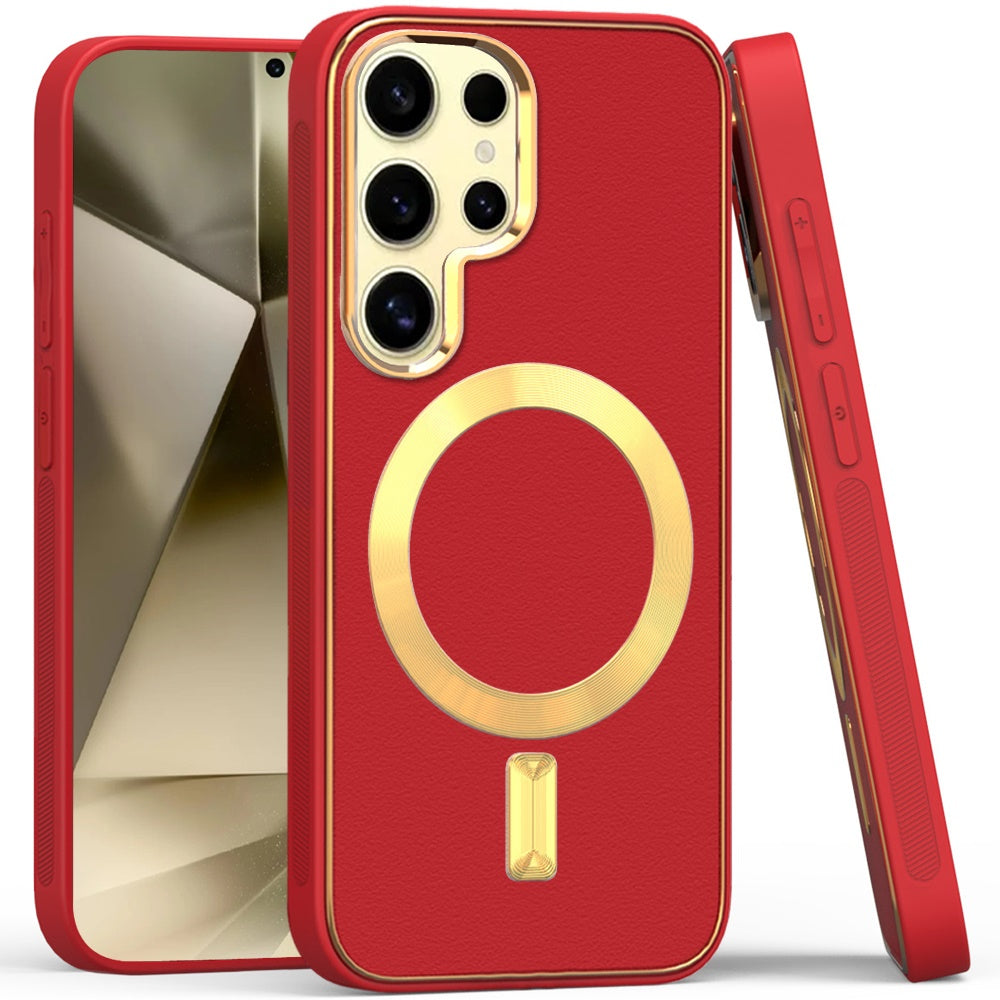 For Apple iPhone 16 Pro Max (6.9") PU Leather Magnetic Case Slim Protective Cover with MagSafe Compatibility Hard PC Gold Frame Protection Case Cover