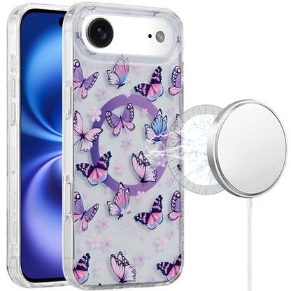For Apple iPhone 17 Pro Stylish Pattern Fashion IMD Printed Design TPU Double Layer Slim Shockproof with Magnetic Back Case Cover Purple Butterflies