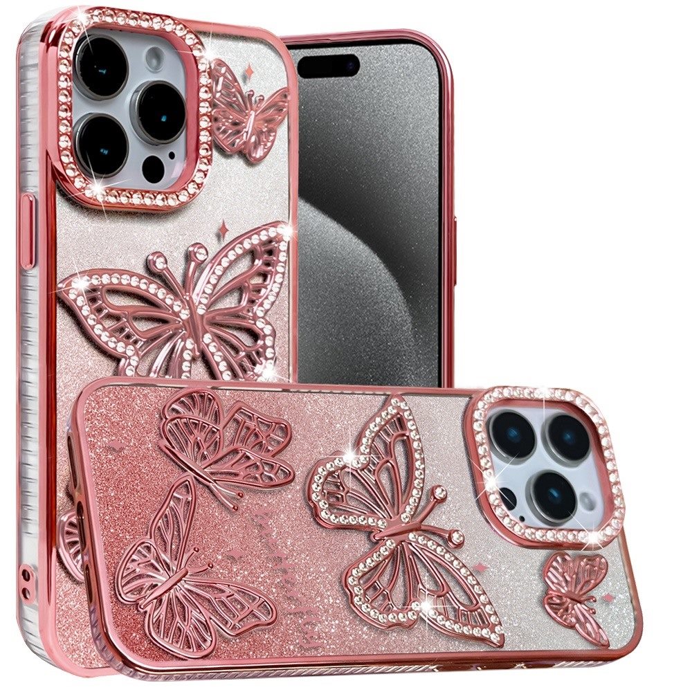 For Apple iPhone 15 Pro Max Luxury Butterfly Sparkle Glitter Diamond Crystal Rhinestone Shimmer Bling Plating Thick TPU Hard PC Case Cover Rose Gold