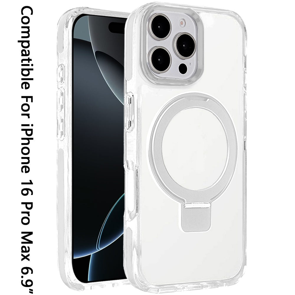 For Apple iPhone 16 Pro Max (6.9") Hybrid Transparent Circle Back Ring Kickstand [Compatible with MagSafe] Shockproof Color Frame Bumper Case Cover