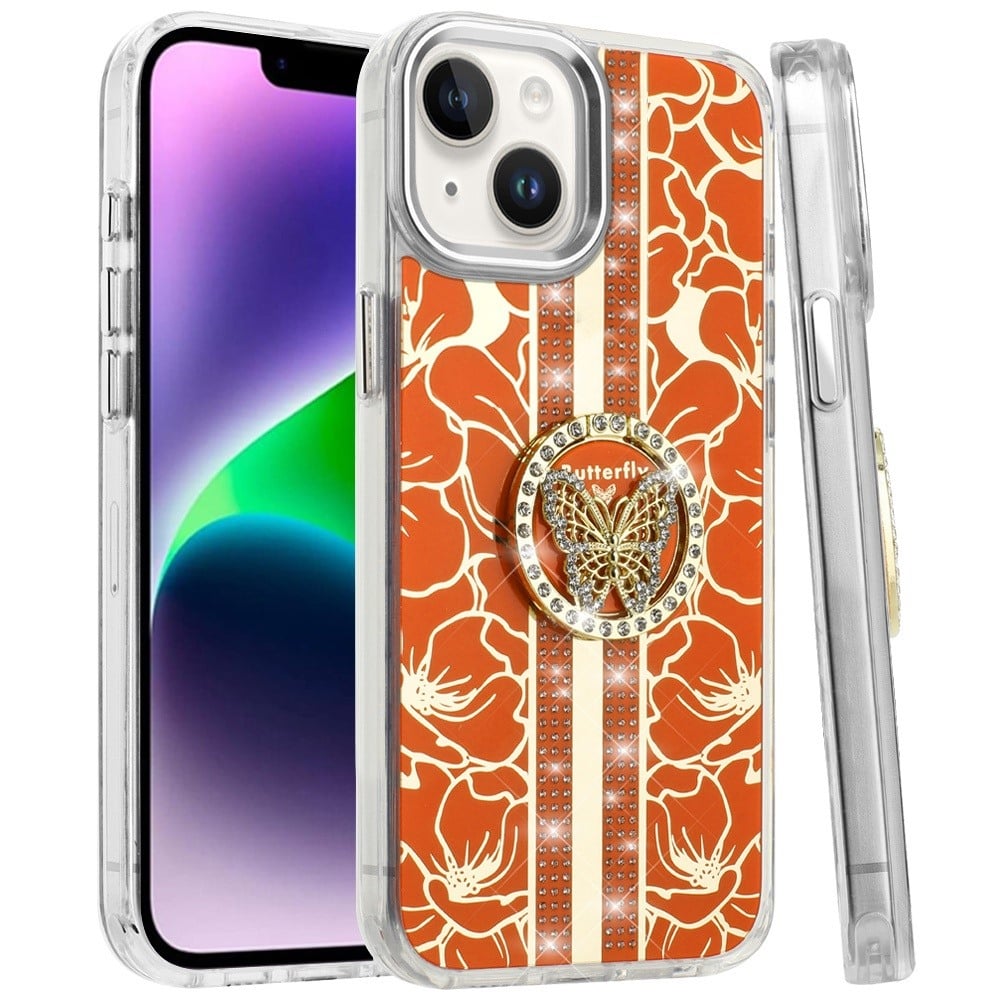 For iPhone 14/13 (6.1") Diamonds 3D Butterfly Floral Design Bling Sparkly Glitter Hybrid Metal Fashion with Ring Stand Case Cover Cosmic Orange