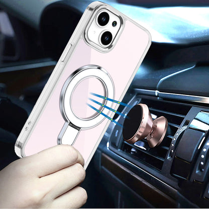 For iPhone 15 (6.1") Chrome Hybrid with Rotating Magnetic Circle Ring Stand, Slim Shockproof Hybrid Case Cover Cosmic Orange