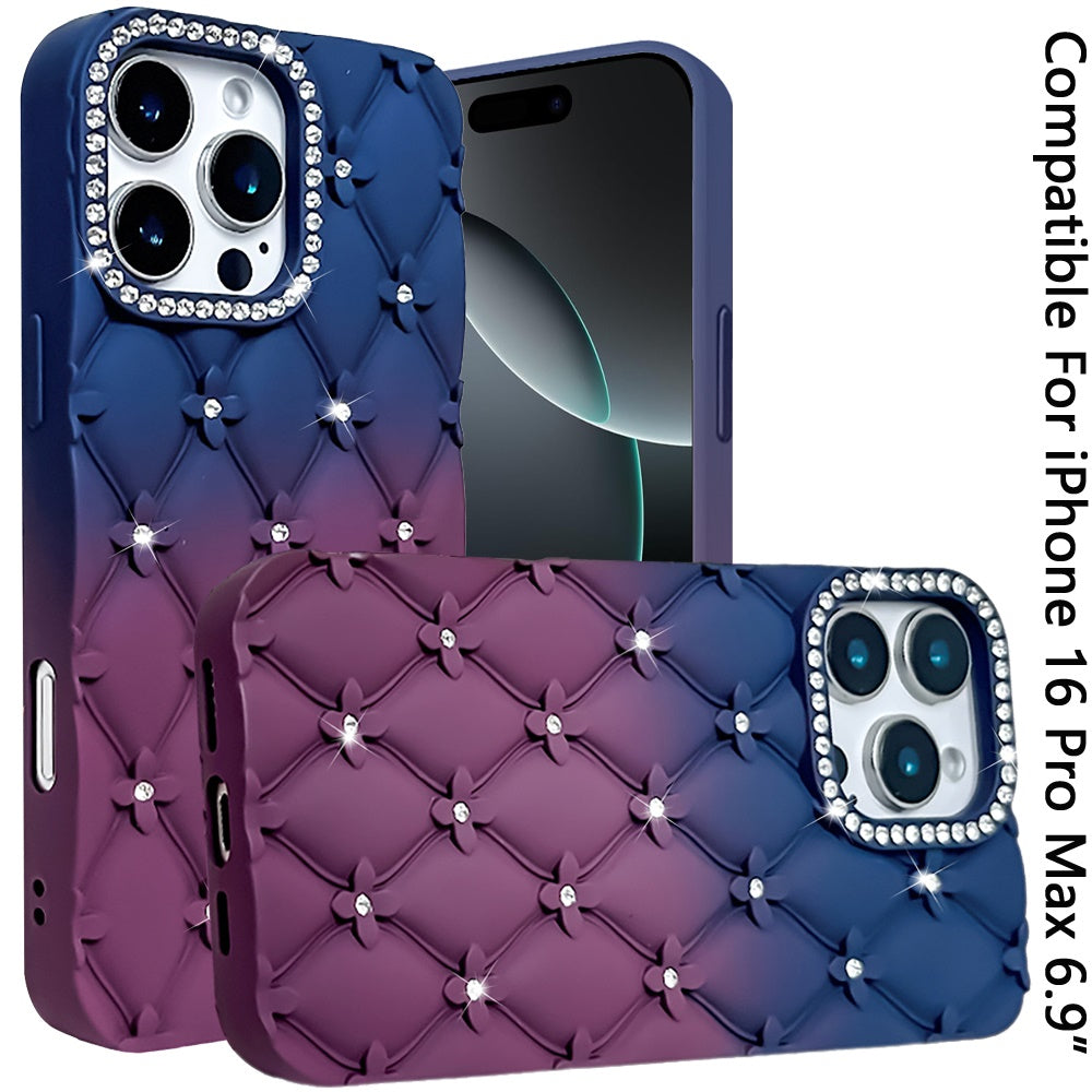 For iPhone 16 Pro Max (6.9") Fashion Flower Design Sparkle Glitter Shimmer Rhinestone Bling Floral Accents, Leather Texture TPU Case Cover