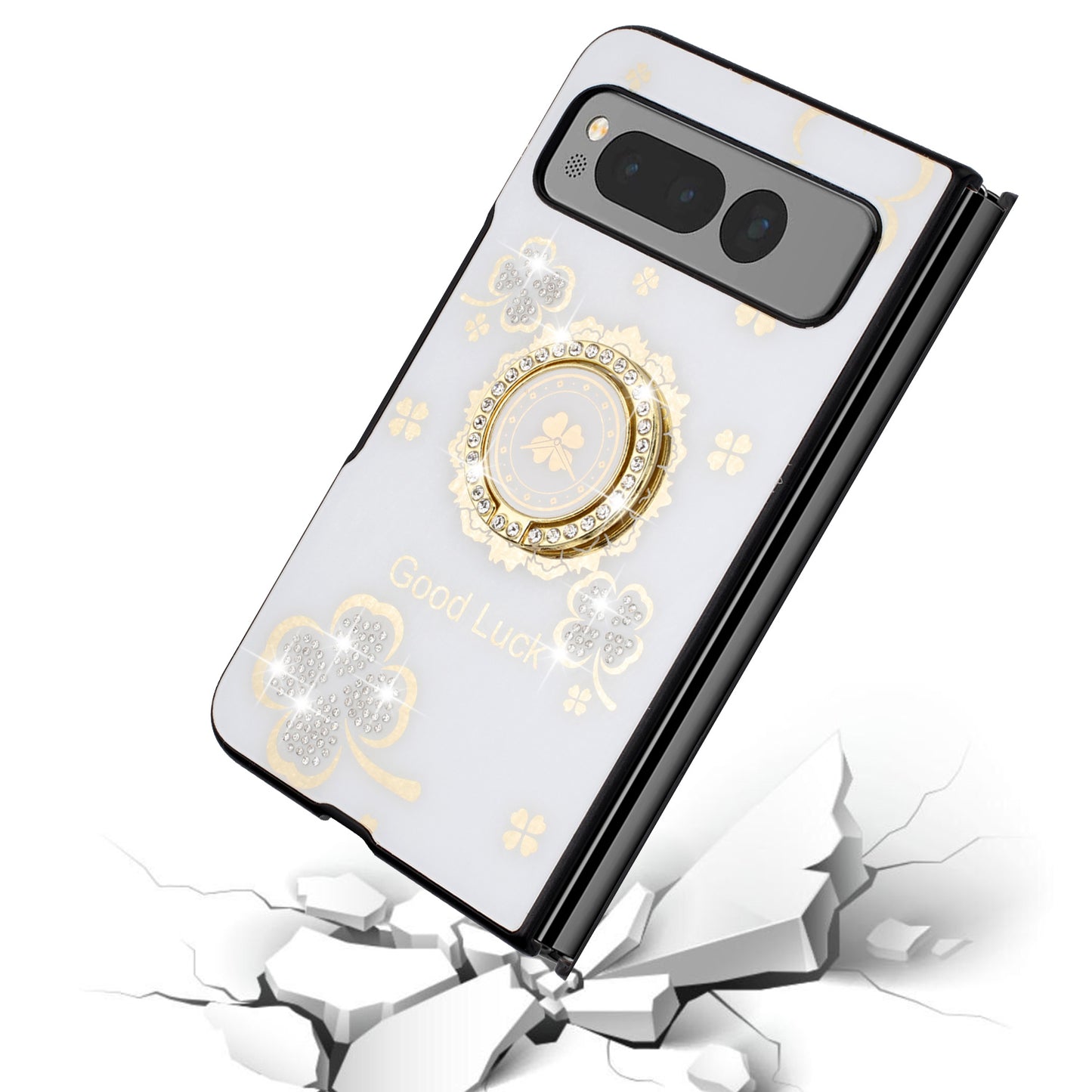 For Samsung Galaxy Z Fold 7 Diamonds 3D Fashion Floral Bling Sparkly Glitter Ornaments Engraving Hybrid with Ring Stand Case Cover White Good Luck Floral